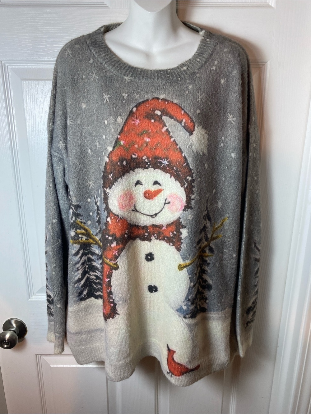 Women's Gray Snowman Holiday Crewneck Sweater with Red Accent Cotton Wool Blend